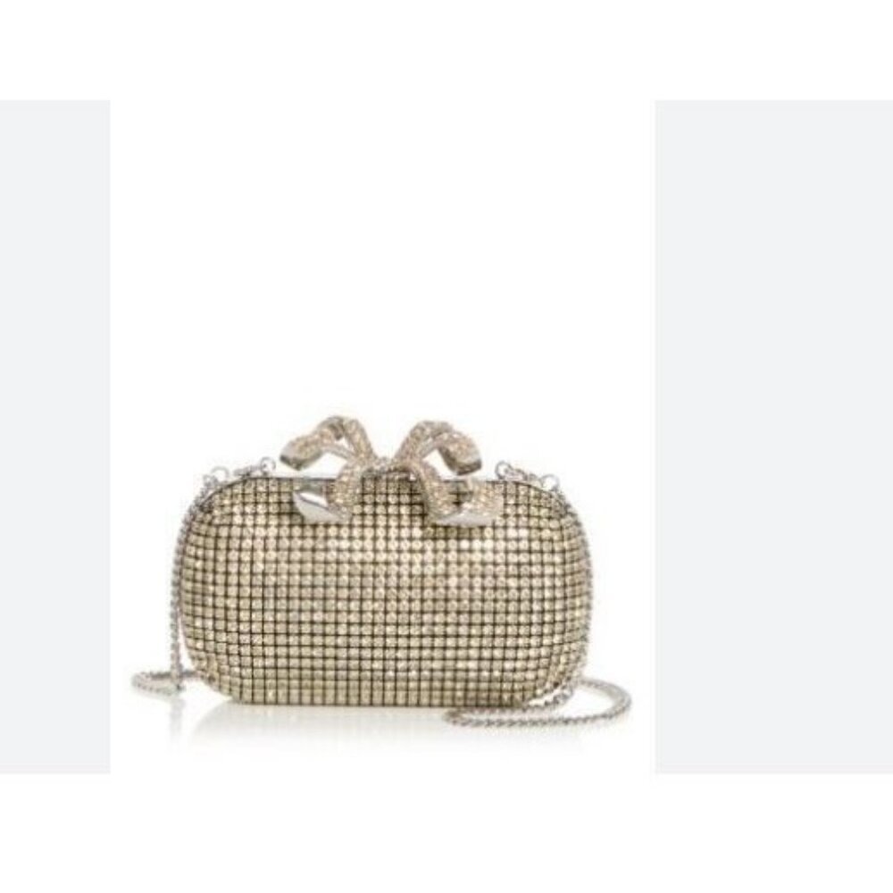 SELF PORTRAIT chain strap crystal embellished bow clutch bag - Champagne/Gold